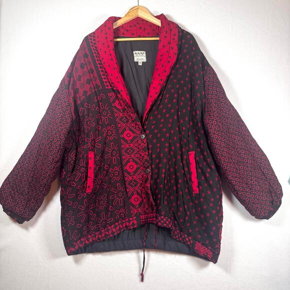 We Be Bop Vintage Black Red Print Collared Lagenlook Jacket 2X Artsy Retro Boho - Picture 1 of 8